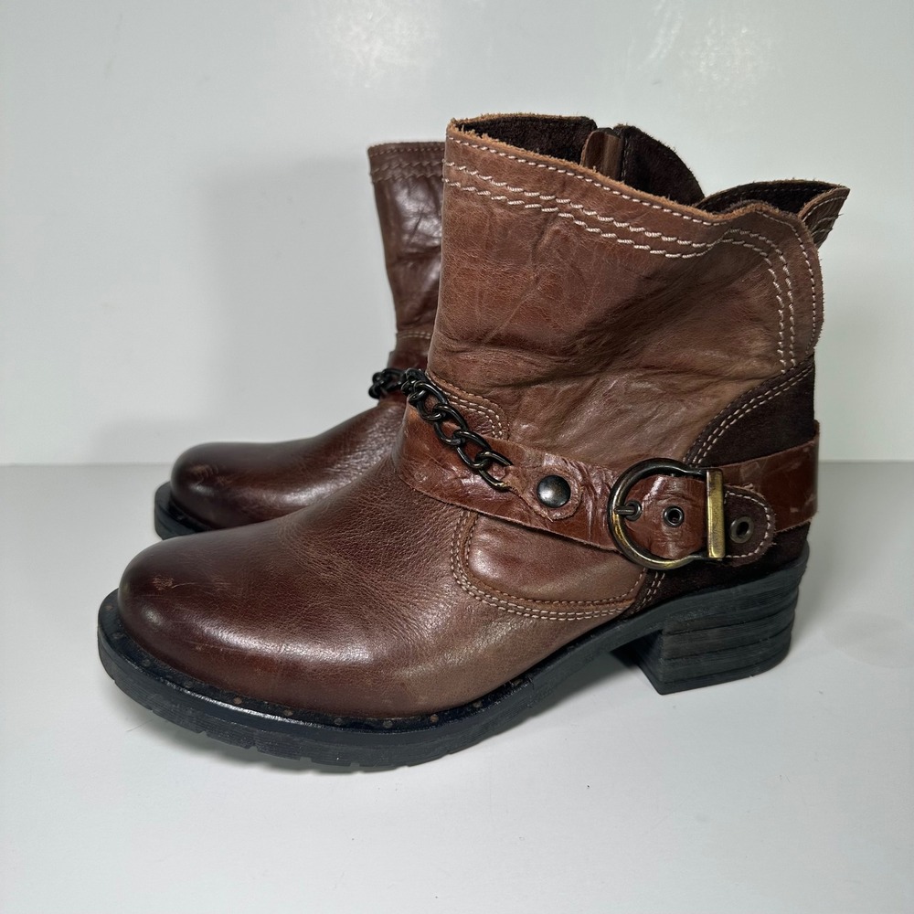 Dromedaris Brown Leather Chain Buckle Ankle Boots Size 38 Grunge Boho Whimsigoth